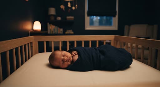 A newborn asleep in a dark, calm nursery