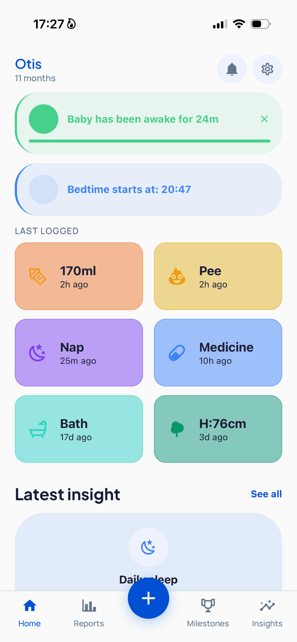 Ziggy home screen showing awake time, bedtime countdown, and today's last-logged events
